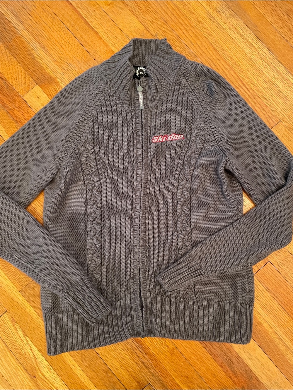 SKI-DOO Wool Full-Zip Gray Cable Knit Cottagecore Outdoor Warm Activity Sweater